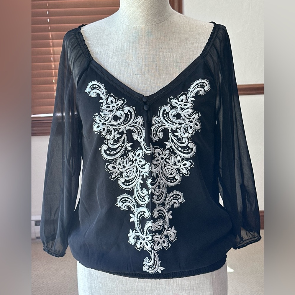 White House Black Market Black Blouse with White Embroidery